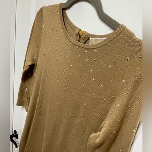 **BLING** Michael Kors Sz Small Tan w Gold Studs Sweater Dress Quiet Luxury